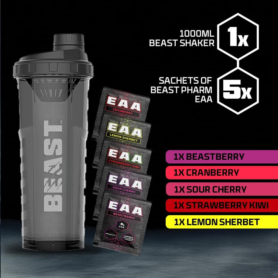 Beast | Protein Shaker Bottle + EAA Amino Acid Powder Samples | 5 Sachets + 1000ml Shaker Gym Gift Set
