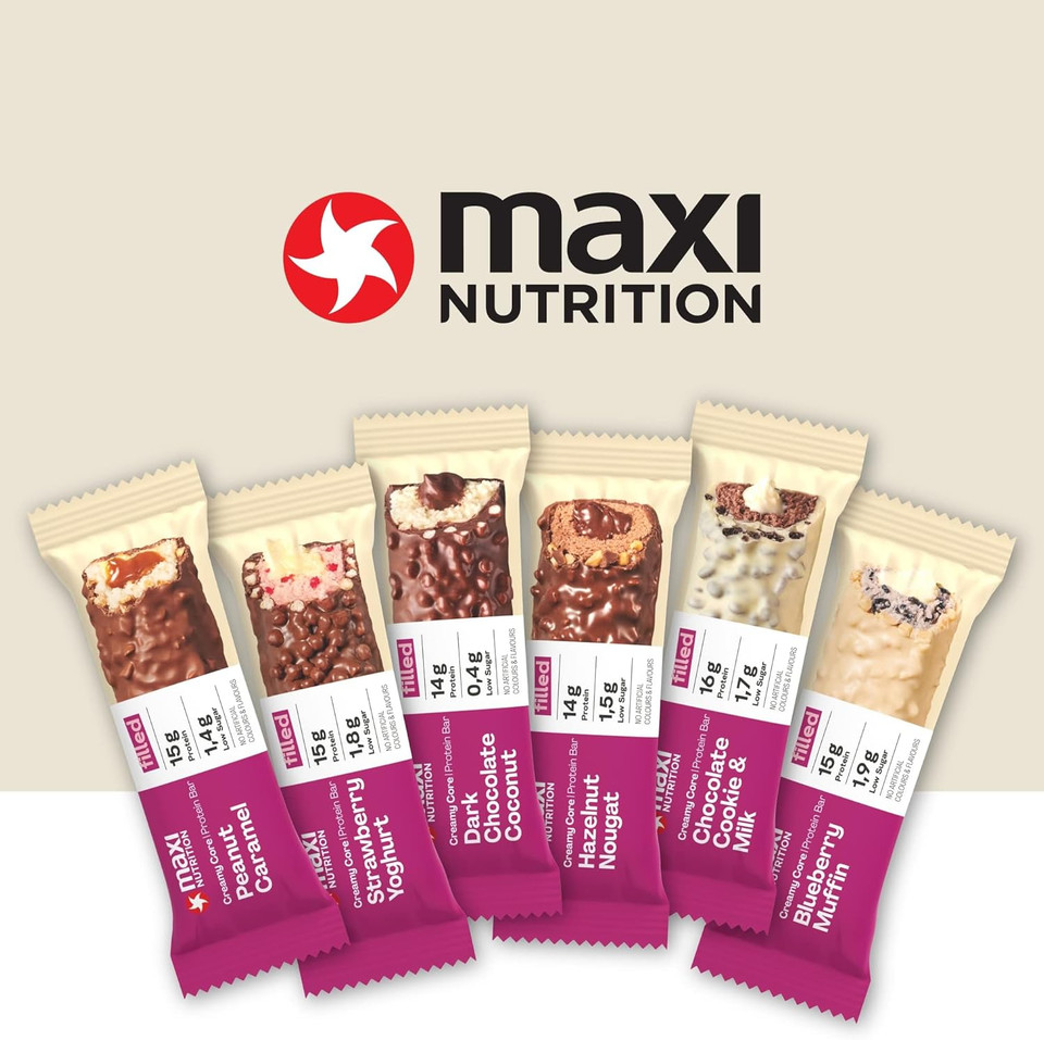 MaxiNutrition Creamy Core Protein Bar - Snack - Fat-Free, Low in Sugar - 16g Protein - Chocolate Cookie & Milk, 188 kcal per Serving, Maxi Nutrition 12 x 45g bar