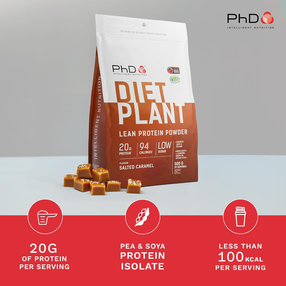 PhD Nutrition Diet Plant, Vegan Protein Powder Plant Based, Salted Caramel, High Plant Protein, 19 Servings Per 500g Bag