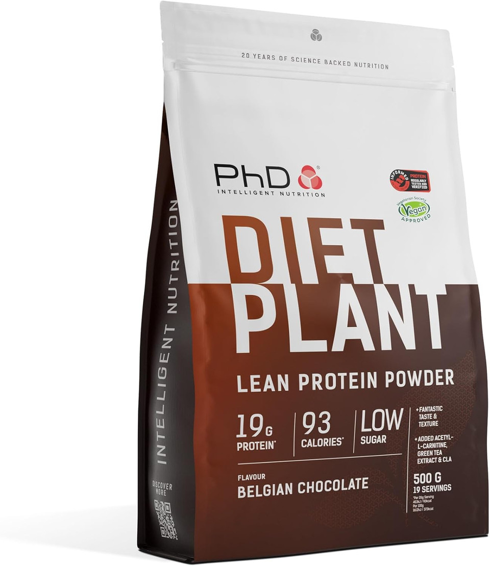 PhD Nutrition Diet Plant, Vegan Protein Powder Plant Based, Belgian Chocolate, High Plant Protein, 20 Servings Per 500g Bag