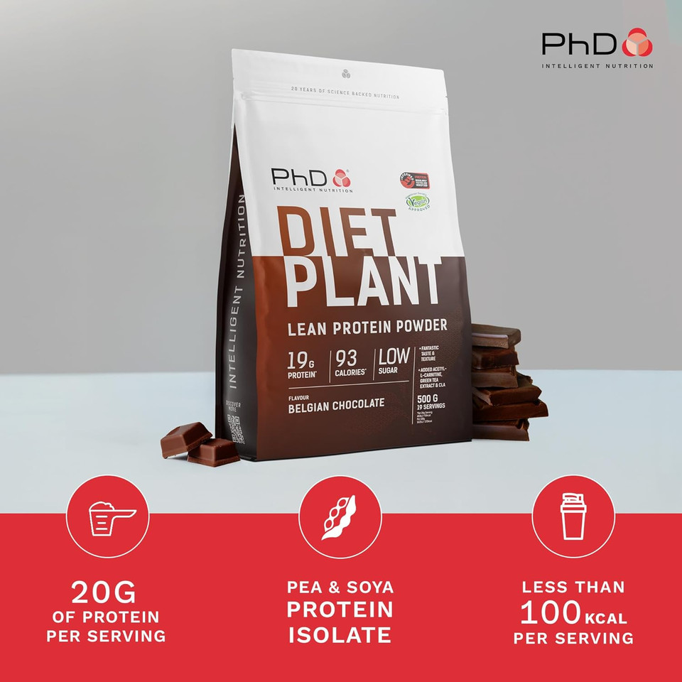 PhD Nutrition Diet Plant, Vegan Protein Powder Plant Based, Belgian Chocolate, High Plant Protein, 20 Servings Per 500g Bag
