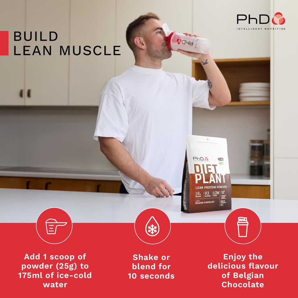 PhD Nutrition Diet Plant, Vegan Protein Powder Plant Based, Belgian Chocolate, High Plant Protein, 20 Servings Per 500g Bag
