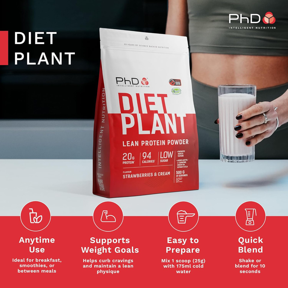 PhD Nutrition Diet Plant, Vegan Protein Powder Plant Based, Strawberries and Cream, High Plant Protein, 19 Servings Per 500g Bag