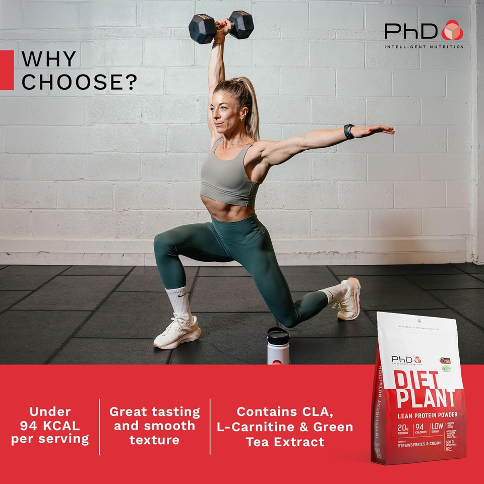 PhD Nutrition Diet Plant, Vegan Protein Powder Plant Based, Strawberries and Cream, High Plant Protein, 19 Servings Per 500g Bag
