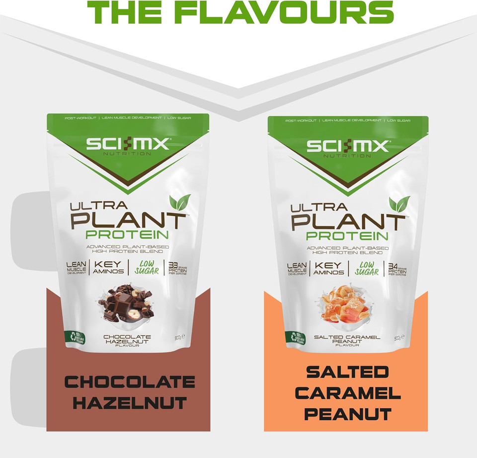 SCI-MX Ultra Plant - Chocolate Hazelnut Flavour Vegan Protein Powder Blend + Vitamin B Compex - Muscle Growth & Maintenance - Low Sugar, Non-GMO - 900g (20 servings) 34g protein per serving