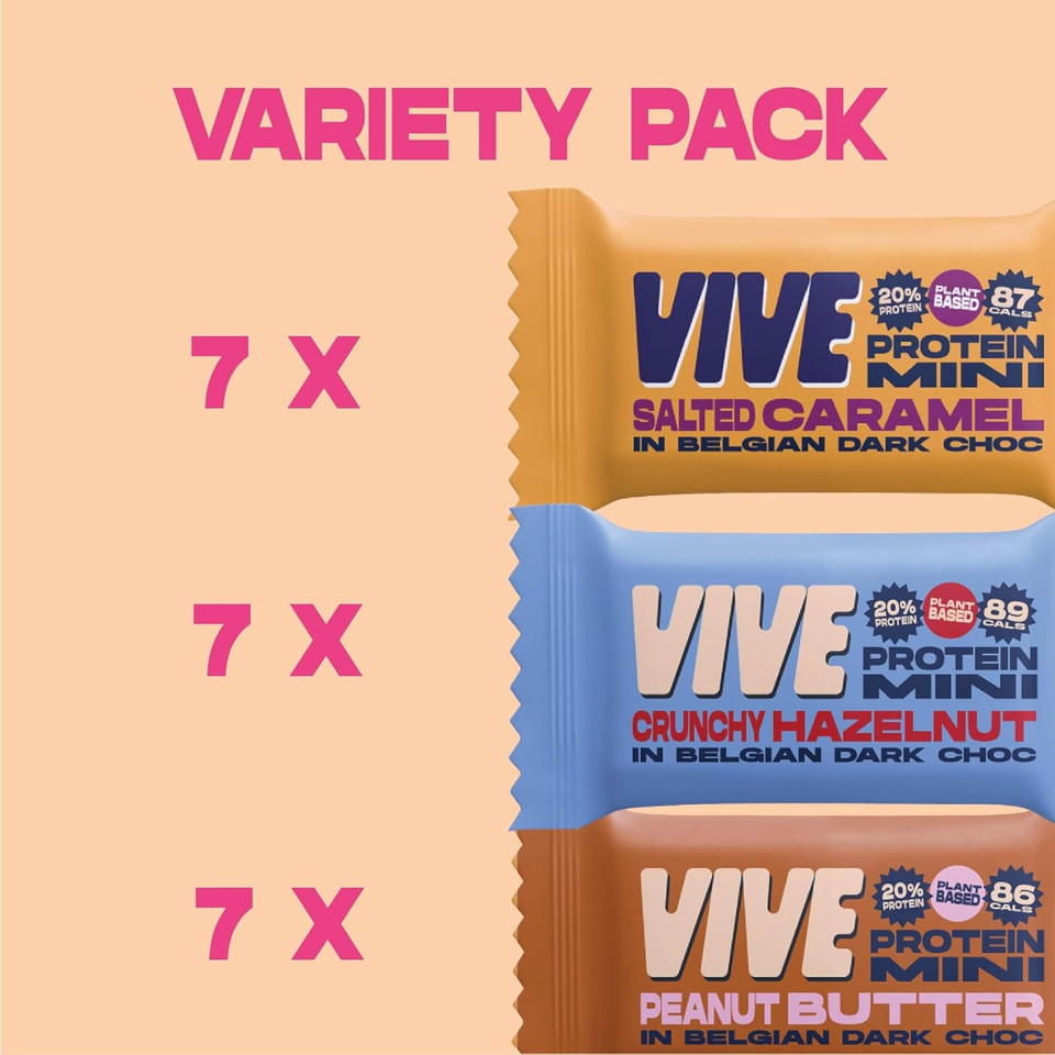 Vive Dark Chocolate Coated Mixed Box Protein Bites - Gluten Free and Vegan - High Fibre Mini Protein Bars - Pack of 21