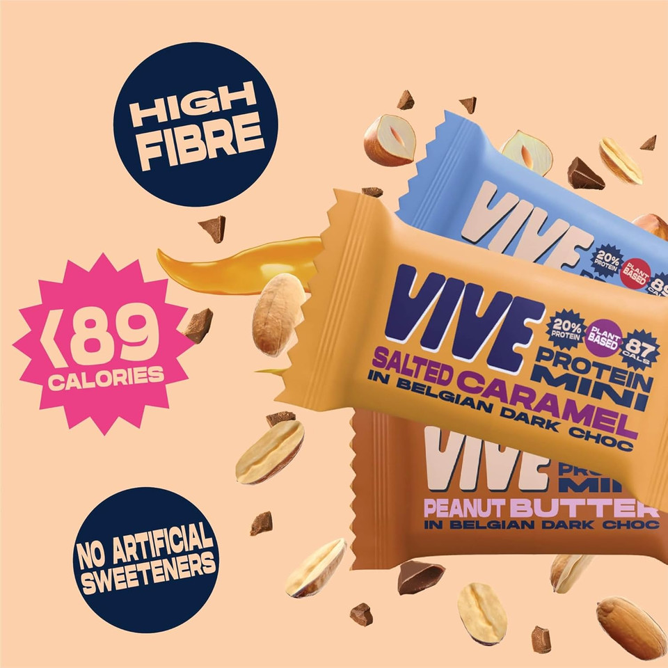 Vive Dark Chocolate Coated Mixed Box Protein Bites - Gluten Free and Vegan - High Fibre Mini Protein Bars - Pack of 21