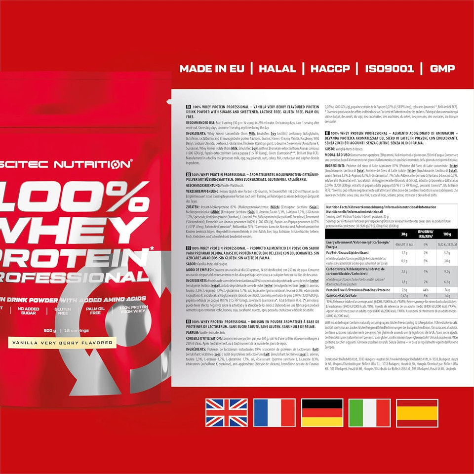 Scitec Nutrition 100% Whey Protein Professional  Enhanced with Extra Amino Acids & Digestive Enzymes  Gluten-Free  Palm Oil Free, 500 g, Vanilla-Very Berry