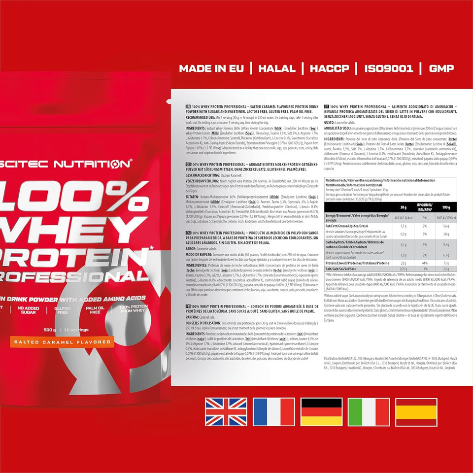 Scitec Nutrition 100% Whey Protein Professional  Enhanced with Extra Amino Acids & Digestive Enzymes  Gluten-Free  Palm Oil Free, 500 g, Salted Caramel