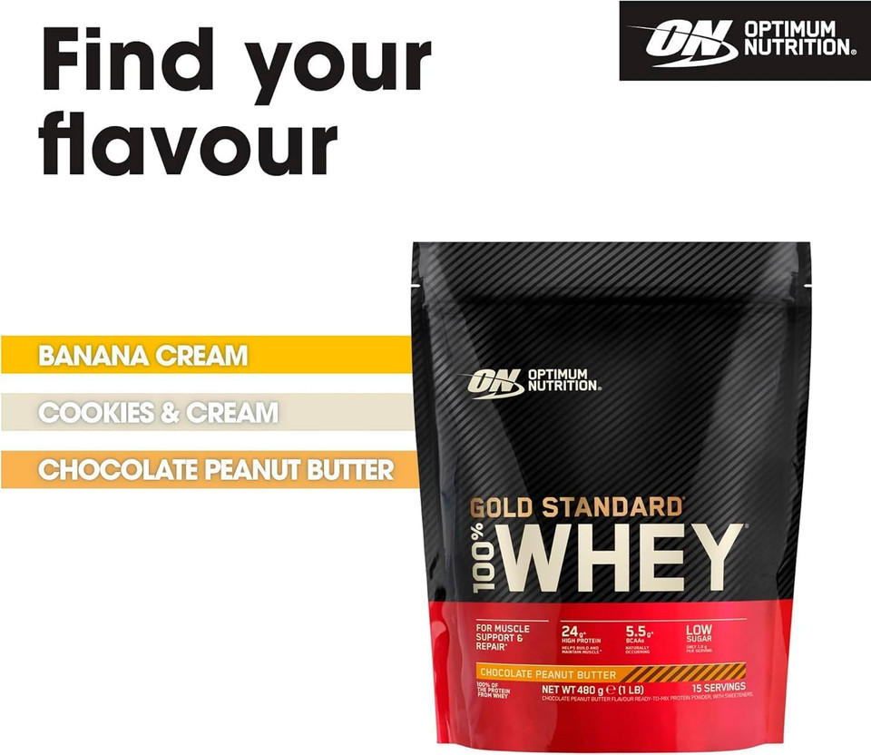 ON Gold Standard 100% Whey for Muscle Support and Repair, Low Sugar High Protein Powder with Naturally Occurring Glutamine and BCAA Amino Acids, Chocolate Peanut Butter Flavour, 15 Servings, 480g