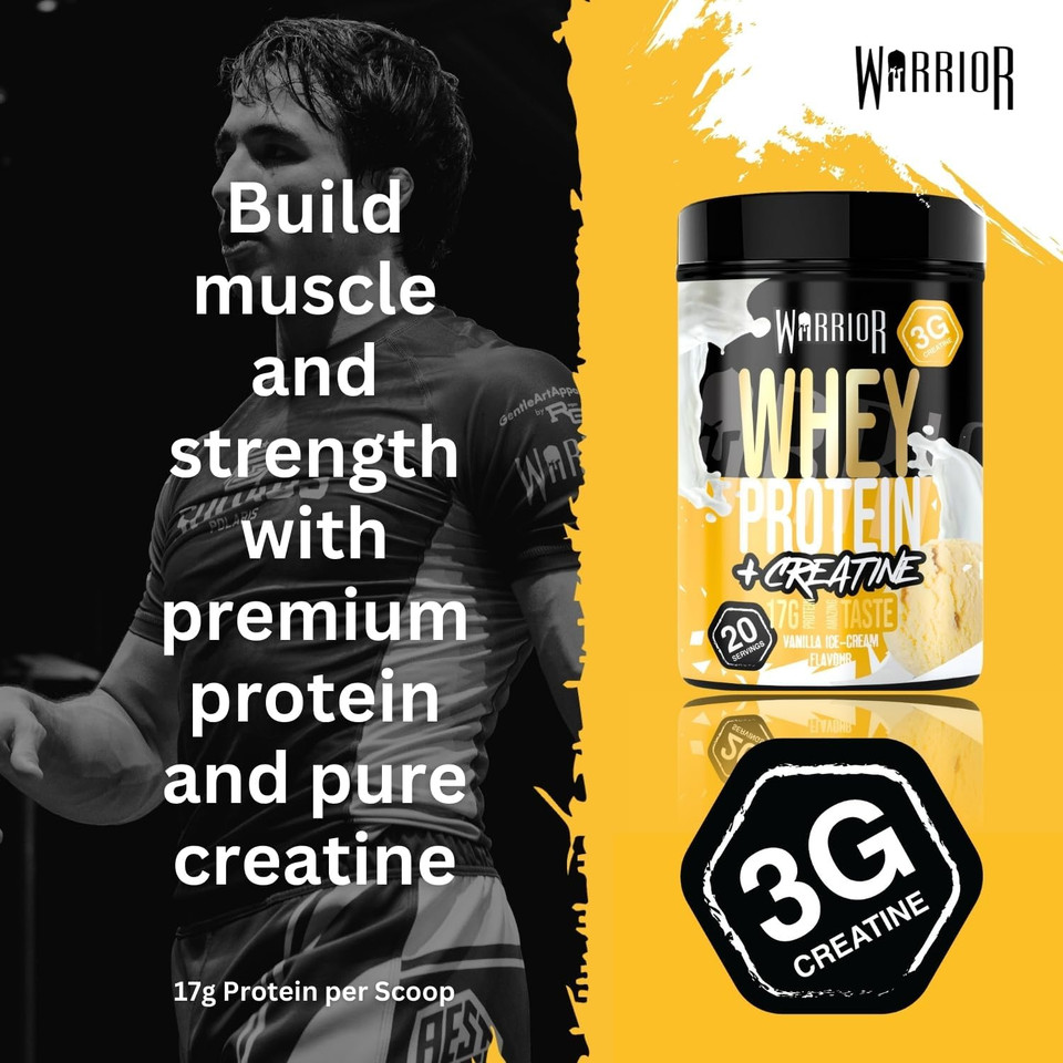 Warrior Whey Protein Powder + Creatine 500g - Sports Nutrition Shake for Muscle Growth, Performance, and Recovery - Enjoy Post Workout - Low Sugar - 20 Servings (Vanilla Ice Cream)