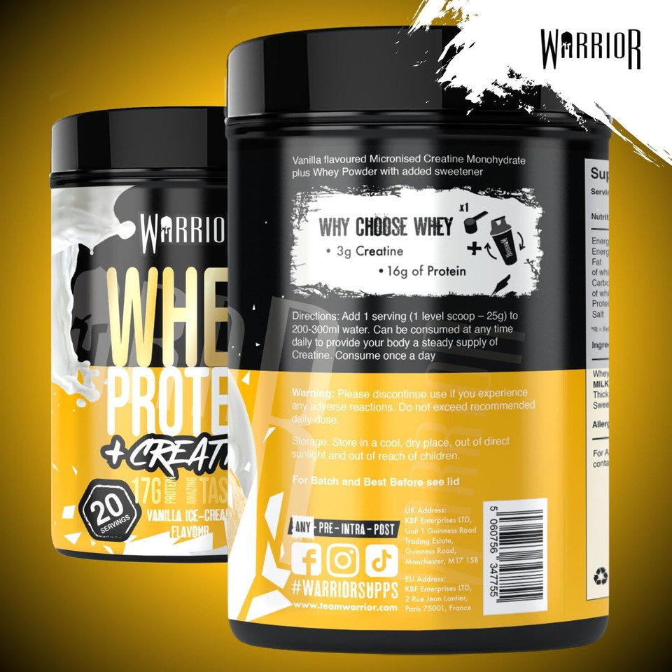 Warrior Whey Protein Powder + Creatine 500g - Sports Nutrition Shake for Muscle Growth, Performance, and Recovery - Enjoy Post Workout - Low Sugar - 20 Servings (Vanilla Ice Cream)
