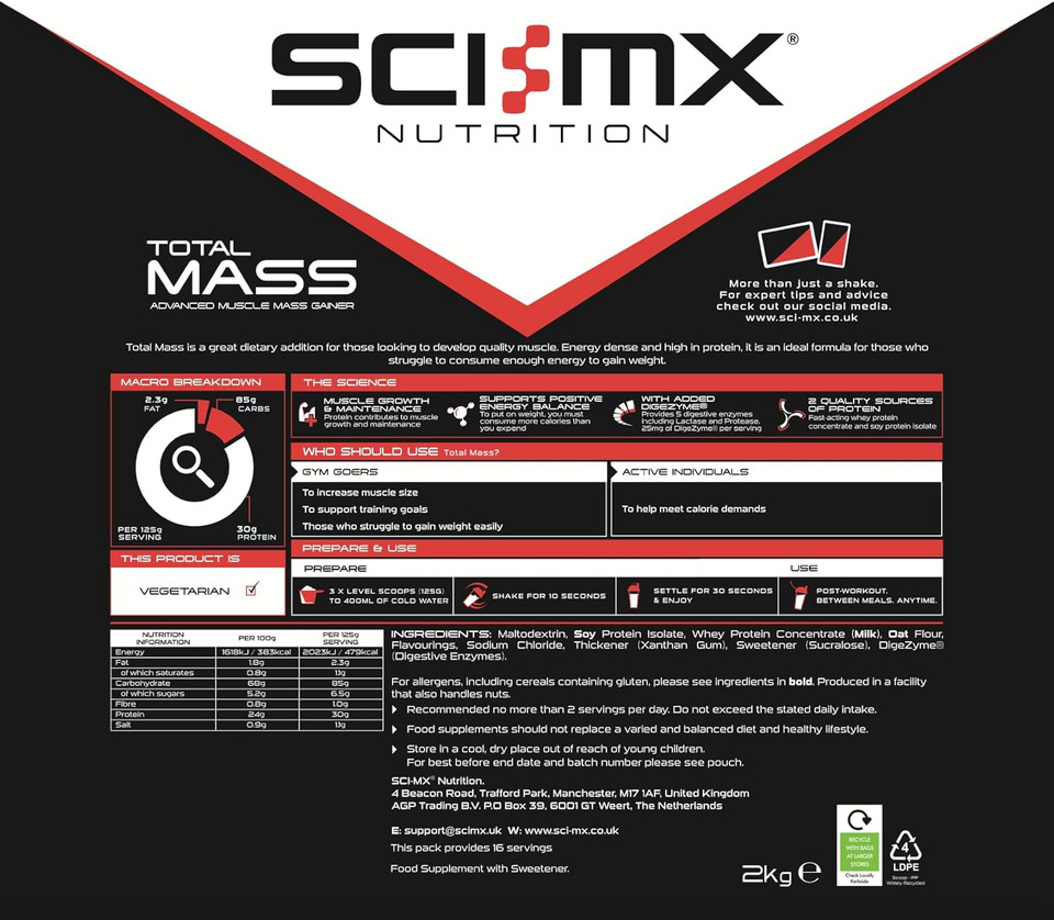 SCI-MX Total Mass - Advanced Muscle Mass Gainer Protein Powder - Muscle Growth & Weight Gain - Cookies & Cream  30g Protein + 477 Calories per Serving  2kg