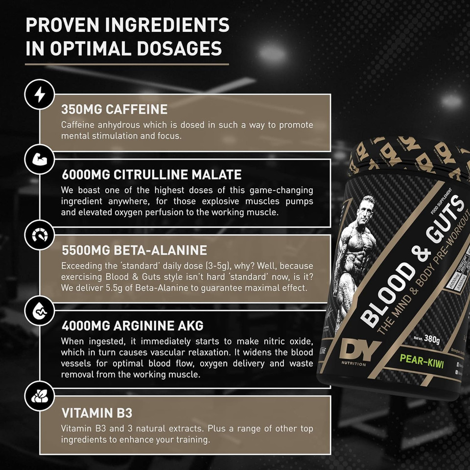 DY Nutrition - Blood and Guts Pre Workout Powder, 380g (Mojito) - High Strength Preworkout with 350mg Caffeine, Citrulline Malate, Beta Alanine, Arginine AKG, L-Tyrosine, Vitamin B3 for Men & Women DY Nutrition - Blood and Guts Pre Workout Powder, 380g (Mojito) - High Strength Preworkout with 350mg Caffeine, Citrulline Malate, Beta Alanine, Arginine AKG, L-Tyrosine, Vitamin B3 for Men & Women