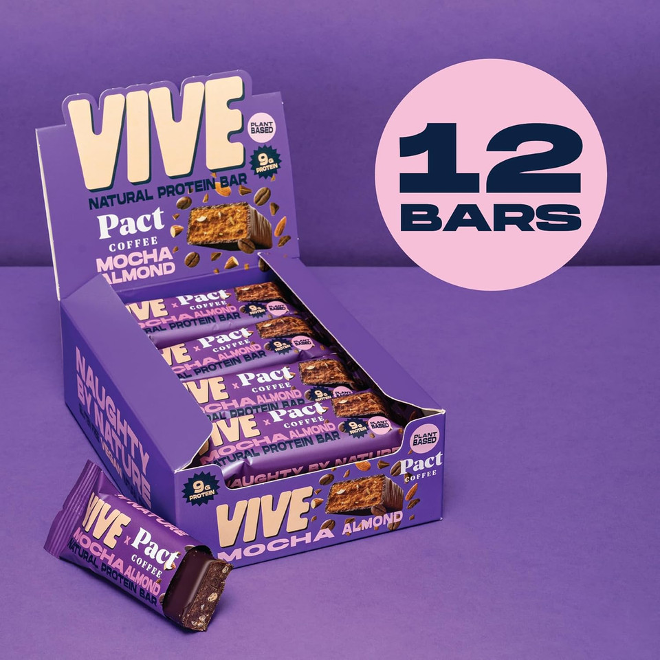 Vive Mocha Almond Protein Bars  Vegan, High Fibre, Dairy-Free Snacks  Pack of 12