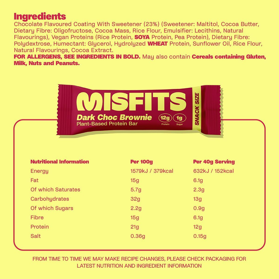 Misfits Vegan Protein Bars, Sweet & Chewy Dark Chocolate Brownie | Low Sugar & Carb, High Fibre Snacks | Pack of 15 Misfits Vegan Protein Bars, Sweet & Chewy Dark Chocolate Brownie | Low Sugar & Carb, High Fibre Snacks | Pack of 15