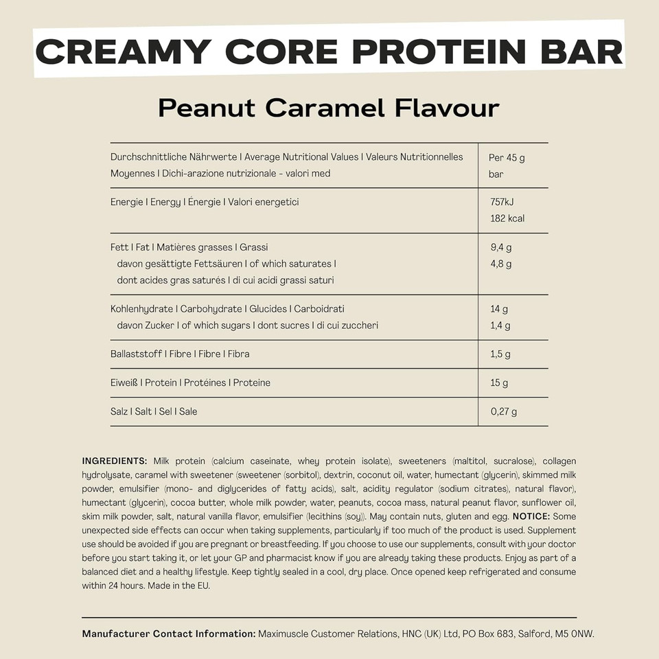 MaxiNutrition Creamy Core Protein Bar - Snack - Fat-Free, Low in Sugar - 15g Protein - Peanut Caramel, 182 kcal per Serving, 12 x 45g