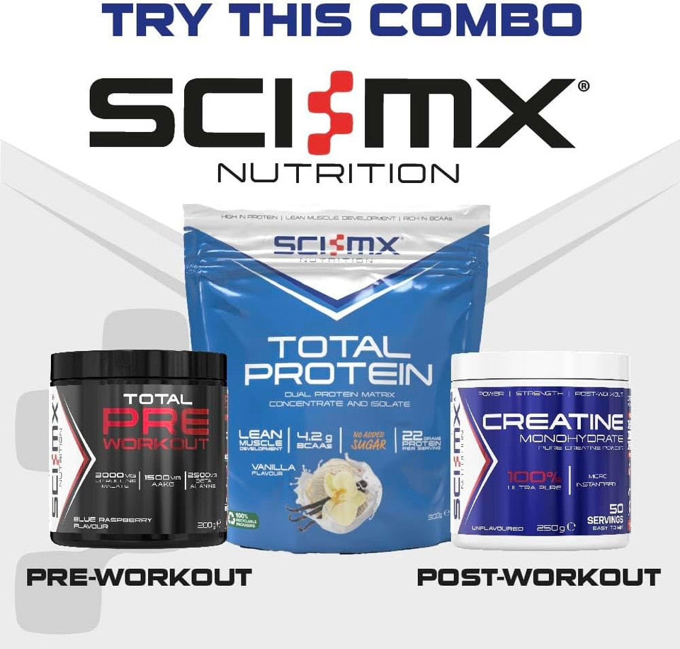 SCI-MX Total Protein - Concentrate & Isolate Protein Powder - Lean Muscle Development - Vanilla  No Added Sugar  4.2g BCAAs + 22g Protein per Serving  900g