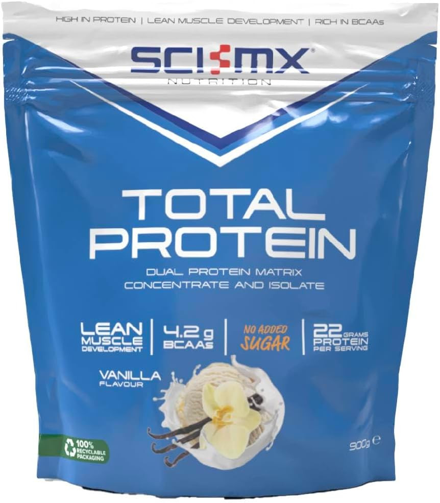 SCI-MX Total Protein - Concentrate & Isolate Protein Powder - Lean Muscle Development - Vanilla  No Added Sugar  4.2g BCAAs + 22g Protein per Serving  900g