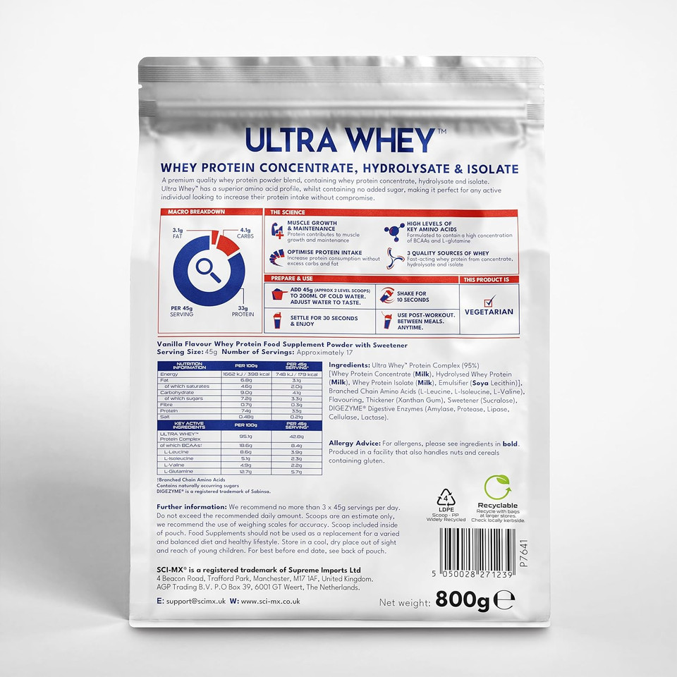 SCI-MX Ultra Whey Protein Muscle Building & Recovery Protein Powder With Naturally Occurring Glutamine & Amino Acids - Vanilla Flavour - 800G - 18 SERVINGS