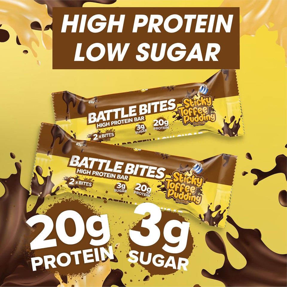 Battle Bites - High Protein Bars 12 x 62g - Sticky Toffee Pudding Flavour - Low in Sugar, High in Fibre, Free from Preservatives, Non-GMO - 20g protein, 7.4g fibre + 251 calories per bar - Made in UK