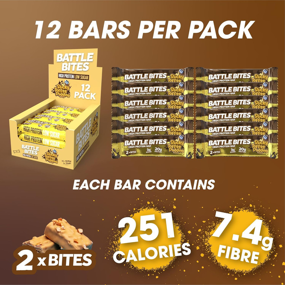 Battle Bites - High Protein Bars 12 x 62g - Sticky Toffee Pudding Flavour - Low in Sugar, High in Fibre, Free from Preservatives, Non-GMO - 20g protein, 7.4g fibre + 251 calories per bar - Made in UK