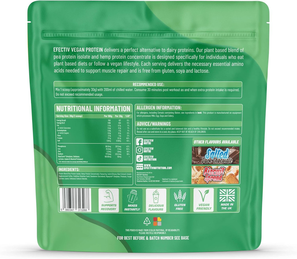 Efectiv Vegan Protein Powder 900g - Vanilla Ice Cream 23g Protein - Dairy, Gluten & Soy Free - Low Sugar Plant Based Protein Powder with Added Digestive Enzymes & Recyclable Packaging (30 Servings)