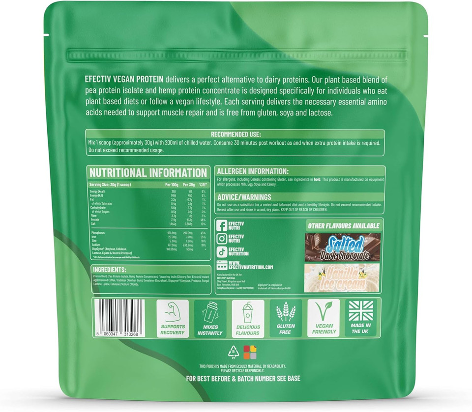 Efectiv Vegan Protein Powder 900g - Salted Dark Chocolate 23g Protein - Dairy, Gluten & Soy Free - Low Sugar Plant Based Protein Powder with Digestive Enzymes & Recyclable Packaging (30 Servings)