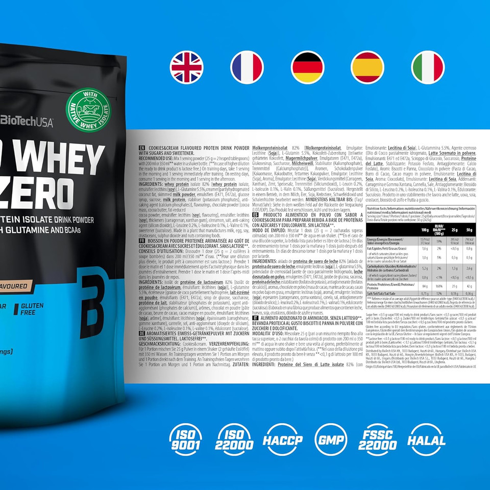 BioTechUSA Iso Whey Zero | Premium Whey Protein Isolate | Grass-Fed | Enzyme-Free | Sugar- and Gluten-Free, 500 g, Cookies & Cream