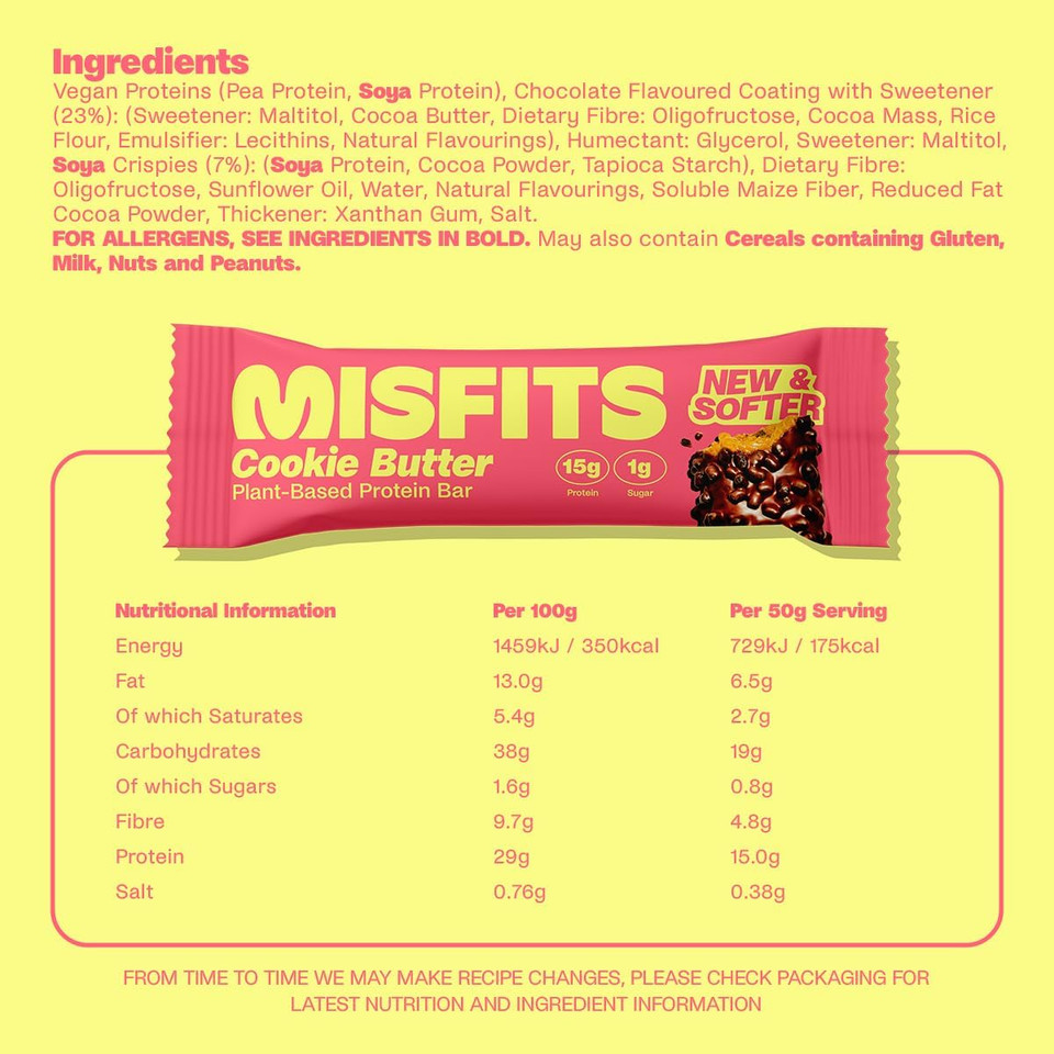 Misfits Vegan Protein Bars, Cookie Butter - Updated Recipe | Low Sugar & Carb, High Fibre Snacks | Pack of 15