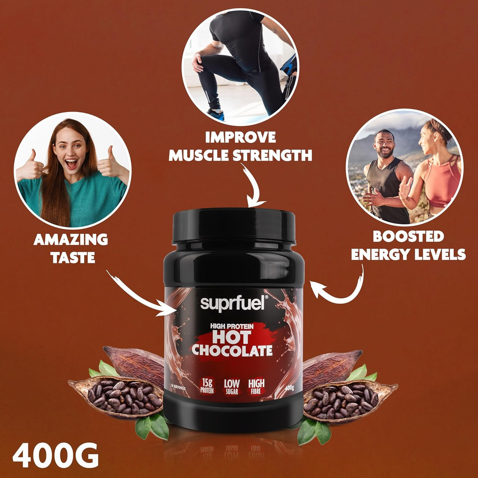 Suprfuel High Protein Hot Chocolate Powder  400g - 15g Protein, Only 0.8g Sugar - Low Carb, Low Calorie - Instant Hot Chocolate Mix with Lean Cocoa Powder