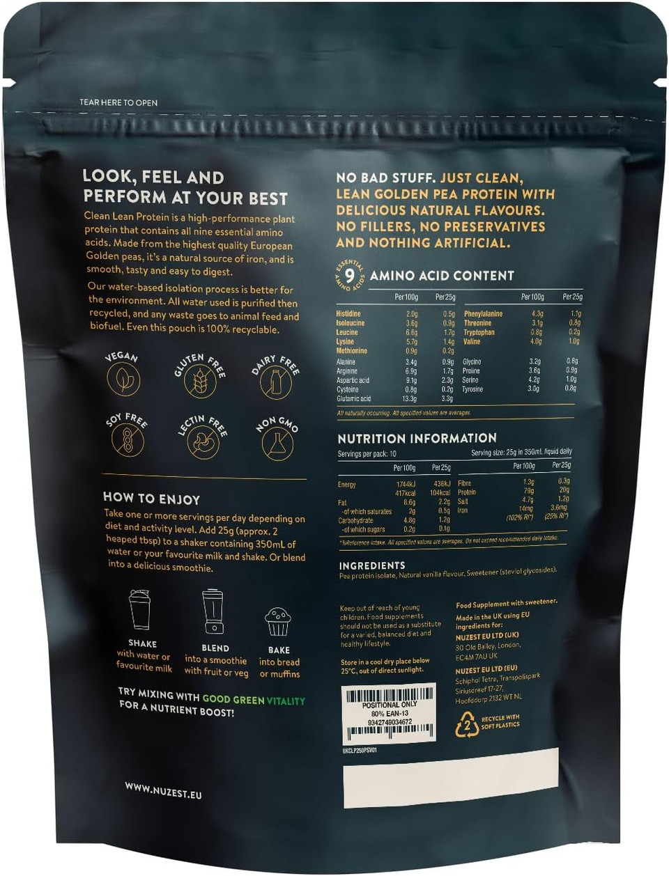 Vegan Protein Powders by Nuzest - Clean Lean Protein - Smooth Vanilla - Plant Based Pea Protein Shake - Low Calorie & Low Carb - Gluten Free - Dairy Free - 250g (10 Serving)