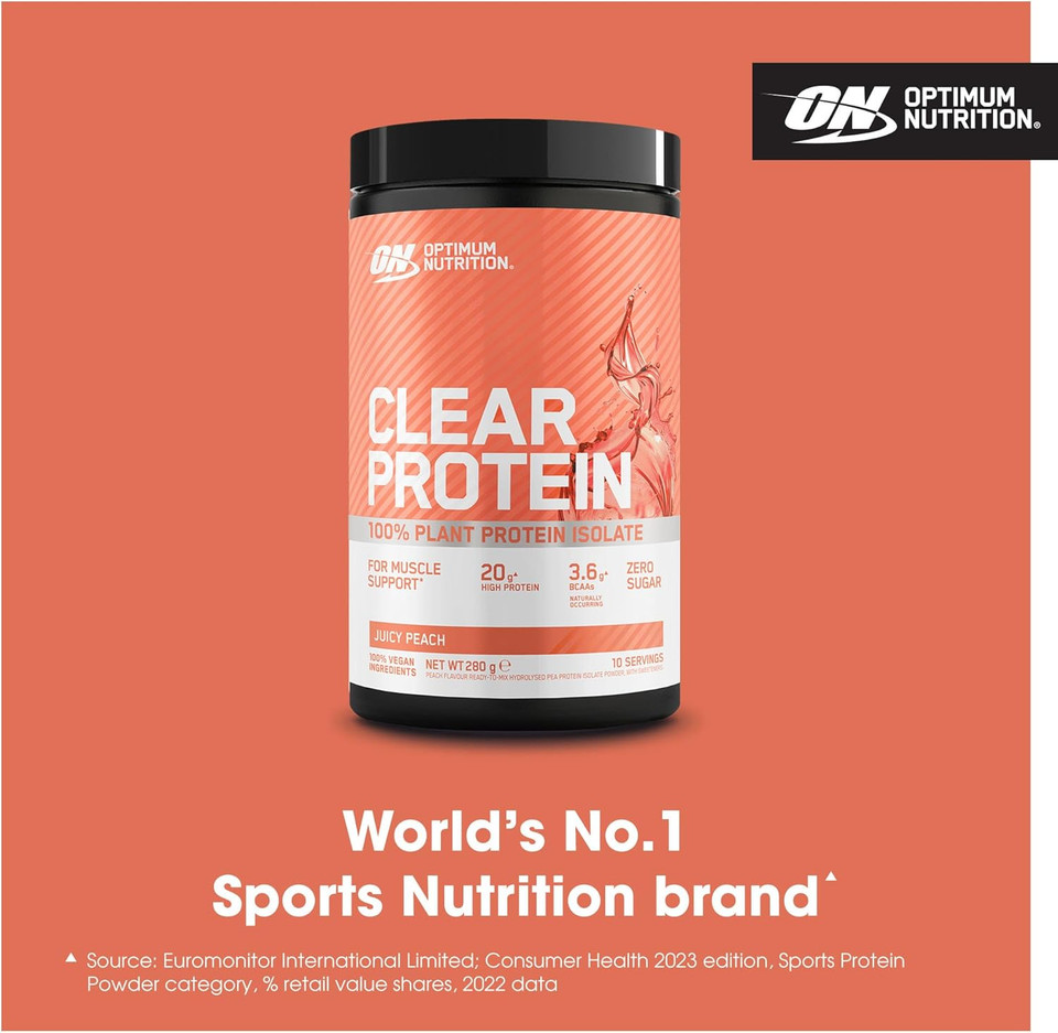 Optimum Nutrition Clear Protein 100% Plant Protein Isolate, Vegan and Sugar-Free High Protein Powder with BCAAs, made from Pea Protein Isolate, Muscle Support & Repair, Juicy Peach, 10 servings, 280 g