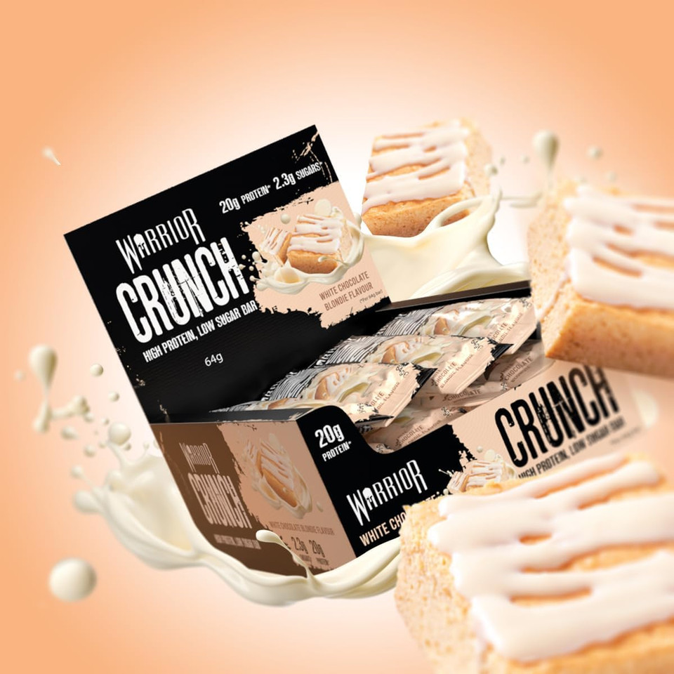 Warrior Crunch - High Protein Bars - 20g Protein Each Bar - Low Carb, Low Sugar Snack - 12 Pack x 64g (White Chocolate Blondie)