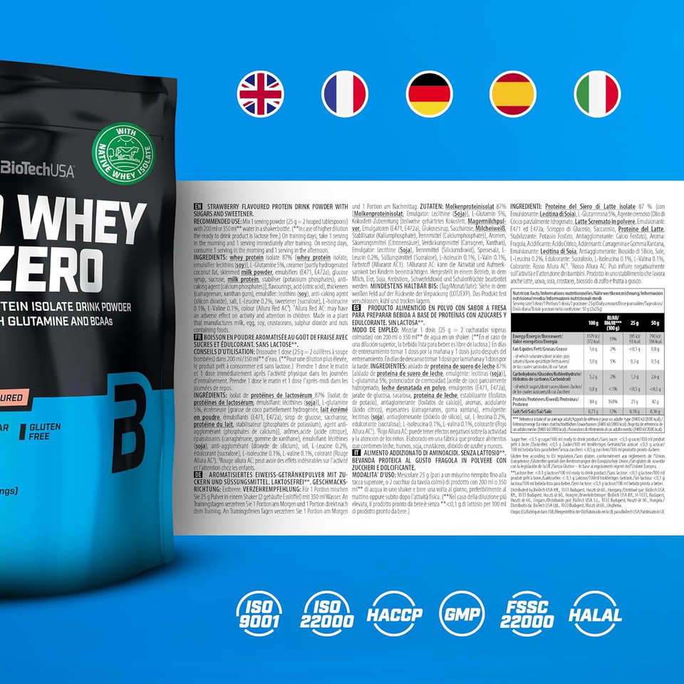 BioTechUSA Iso Whey Zero | Premium Whey Protein Isolate | Grass-Fed | Enzyme-Free | Sugar- and Gluten-Free, 500 g, Strawberry