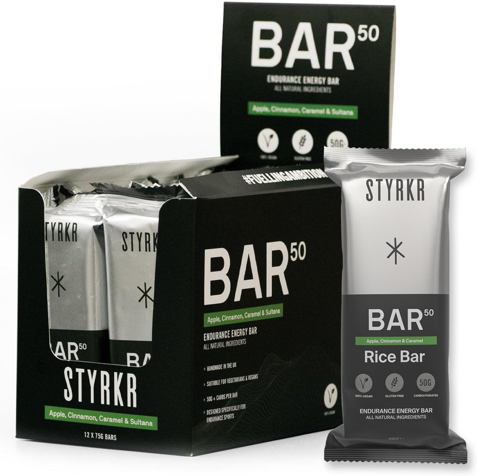 Energy Bars by Styrkr - Pack of 12 Rice Bars for Cycling & Running - Apple, Cinnamon & Caramel Flavour - Approved by Endurance Athletes - 50g of Carbs via Advanced Dual-Carb Formulation - BAR50-12x Energy Bars by Styrkr - Pack of 12 Rice Bars for Cycling & Running - Apple, Cinnamon & Caramel Flavour - Approved by Endurance Athletes - 50g of Carbs via Advanced Dual-Carb Formulation - BAR50-12x