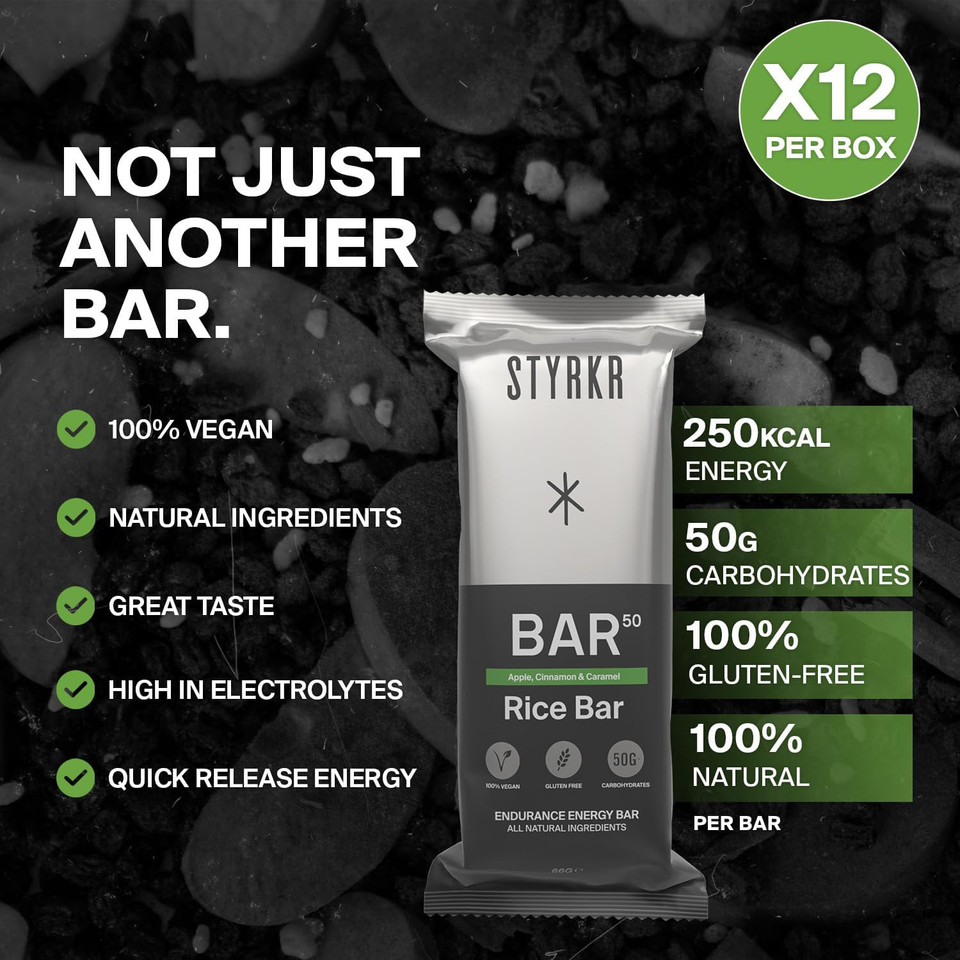 Energy Bars by Styrkr - Pack of 12 Rice Bars for Cycling & Running - Apple, Cinnamon & Caramel Flavour - Approved by Endurance Athletes - 50g of Carbs via Advanced Dual-Carb Formulation - BAR50-12x Energy Bars by Styrkr - Pack of 12 Rice Bars for Cycling & Running - Apple, Cinnamon & Caramel Flavour - Approved by Endurance Athletes - 50g of Carbs via Advanced Dual-Carb Formulation - BAR50-12x