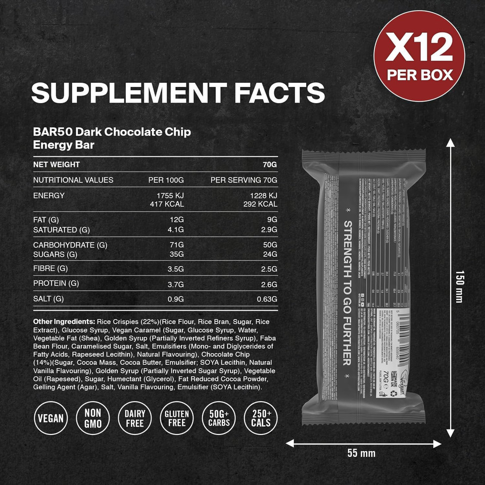 Energy Bars by Styrkr - Pack of 12 Rice Bars for Cycling & Running - Dark Chocolate Chip Flavour - Approved by Endurance Athletes - 50g of Carbs via Advanced Dual-Carb Formulation - BAR50-12x Pack Energy Bars by Styrkr - Pack of 12 Rice Bars for Cycling & Running - Dark Chocolate Chip Flavour - Approved by Endurance Athletes - 50g of Carbs via Advanced Dual-Carb Formulation - BAR50-12x Pack