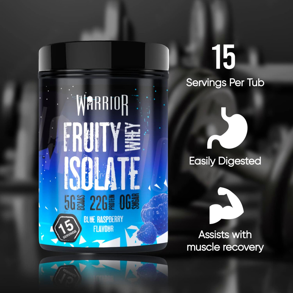 Warrior Fruity Clear Whey Isolate  Rapid Digesting Protein Powder  Refreshingly Fruit Flavoured Shakes  Easy to Drink & Consume Post Workout, Low Sugar, 15 Servings (Blue Raspberry, 375g)