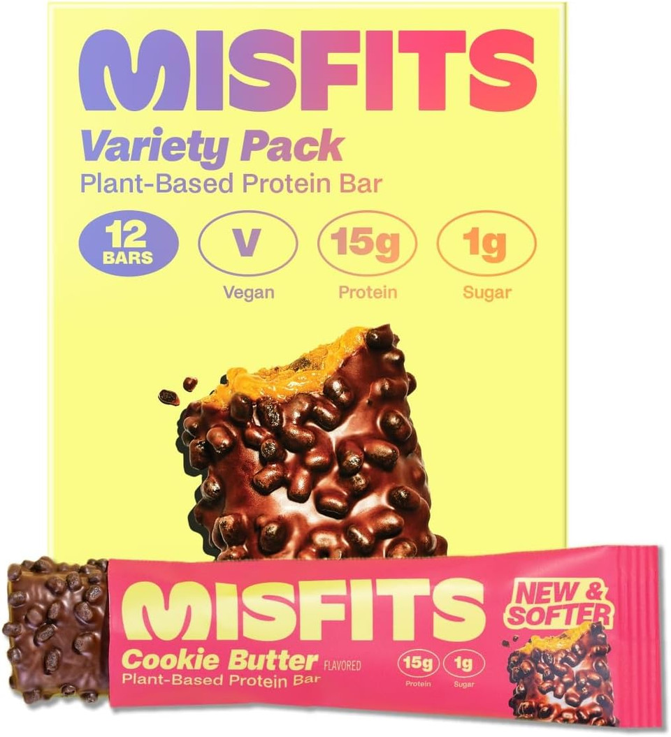 Misfits Vegan Protein Bars - Updated Recipe | Low Sugar & Carb, High Fibre Snacks | Variety Pack of 12 (4 Flavours) Misfits Vegan Protein Bars - Updated Recipe | Low Sugar & Carb, High Fibre Snacks | Variety Pack of 12 (4 Flavours)