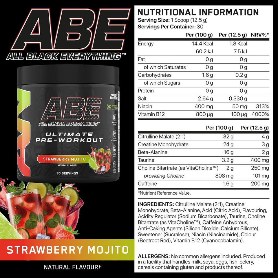 Applied Nutrition Bundle ABE Pre Workout 375g + 750ml Steel Protein Shaker | All Black Everything Pre Workout Powder, Energy & Physical Performance with Creatine, Beta Alanine (Strawberry Mojito) Applied Nutrition Bundle ABE Pre Workout 375g + 750ml Steel Protein Shaker | All Black Everything Pre Workout Powder, Energy & Physical Performance with Creatine, Beta Alanine (Strawberry Mojito)