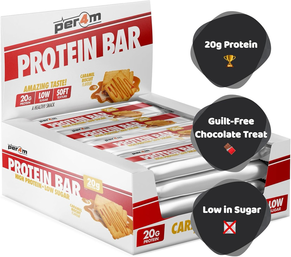 Per4m On-the-Go Protein Bar | High Protein, Low Sugar Bar with 20g Protein | Nutritional & Healthy Gym Snack Bar | Box of 12 x 62g (Box, Caramel Biscuit)