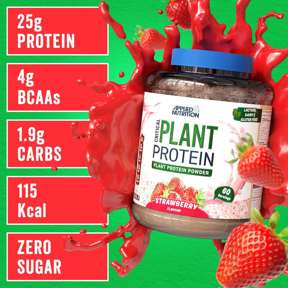Applied Nutrition Plant Protein Powder  Critical Plant Vegan Protein Shake with SOYA, Pea, Brown Rice Proteins & Essential Amino Acids - Dairy-Free Gym Supplement (1.8kg - 60 Servings) (Strawberry)
