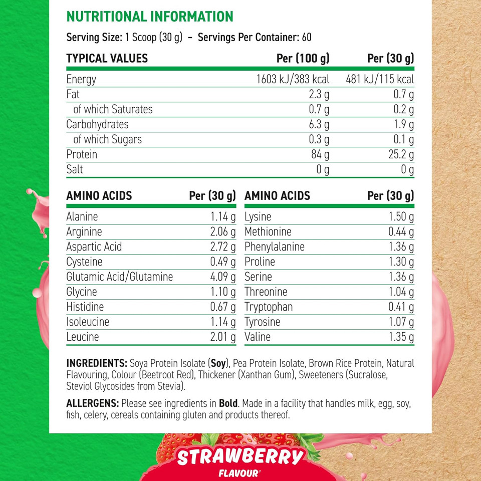 Applied Nutrition Plant Protein Powder  Critical Plant Vegan Protein Shake with SOYA, Pea, Brown Rice Proteins & Essential Amino Acids - Dairy-Free Gym Supplement (1.8kg - 60 Servings) (Strawberry)