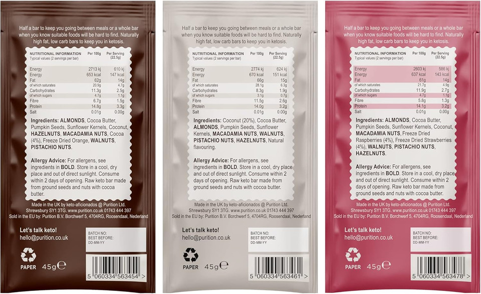 Purition Wholefood Keto Bars Chocolate, Mixed Berry and Coconut Flavour 3x4 Pack| Vegan & Keto Friendly | No Added Sugar | Premium Low Carb High Fat Keto Meal Bars with Only Natural Ingredients