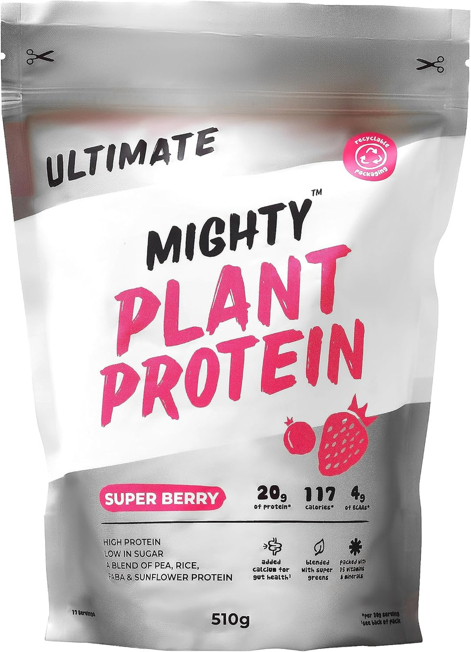 Mighty Ultimate Vegan Protein Powder, Super Berry Flavour, (17 Servings, 510g Bag without Scoop), Plant Based, Dairy Free Protein Shakes, Added Vitamins, Minerals & Super Greens