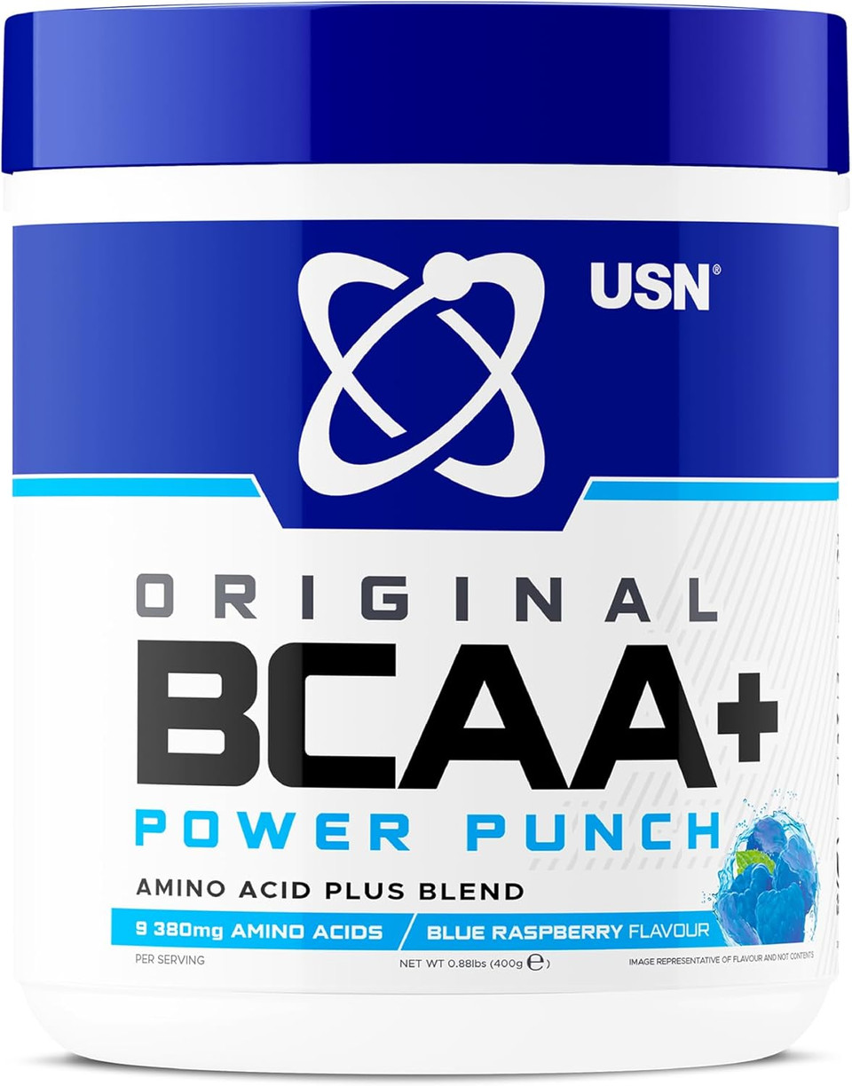 USN Power Punch BCAA Amino Acids Powder, Blue Raspberry Flavour - 400g, Vegan BCAA Powder, Vitamin B6 & No Sugar, Pre Workout & Intra Workout Energy Drink & Dietary Supplement to Maximise Performance