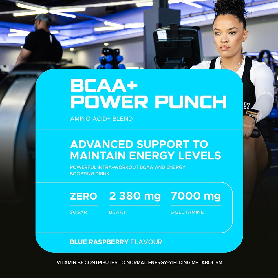 USN Power Punch BCAA Amino Acids Powder, Blue Raspberry Flavour - 400g, Vegan BCAA Powder, Vitamin B6 & No Sugar, Pre Workout & Intra Workout Energy Drink & Dietary Supplement to Maximise Performance