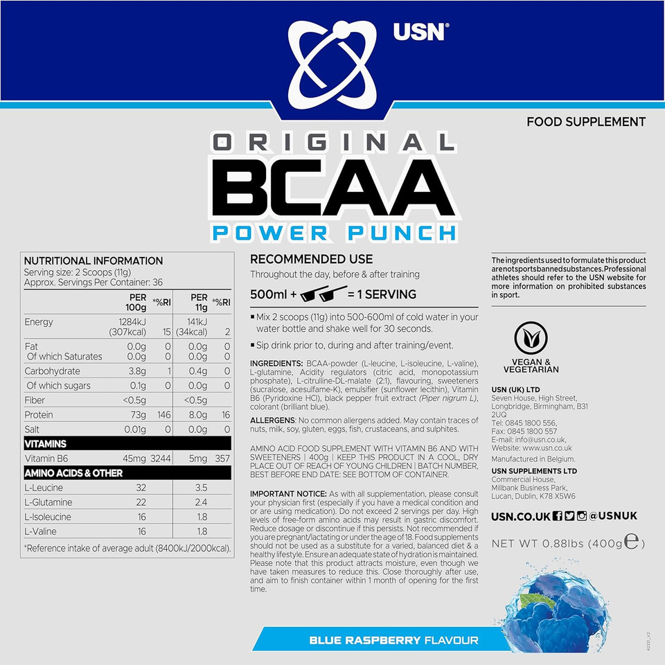 USN Power Punch BCAA Amino Acids Powder, Blue Raspberry Flavour - 400g, Vegan BCAA Powder, Vitamin B6 & No Sugar, Pre Workout & Intra Workout Energy Drink & Dietary Supplement to Maximise Performance