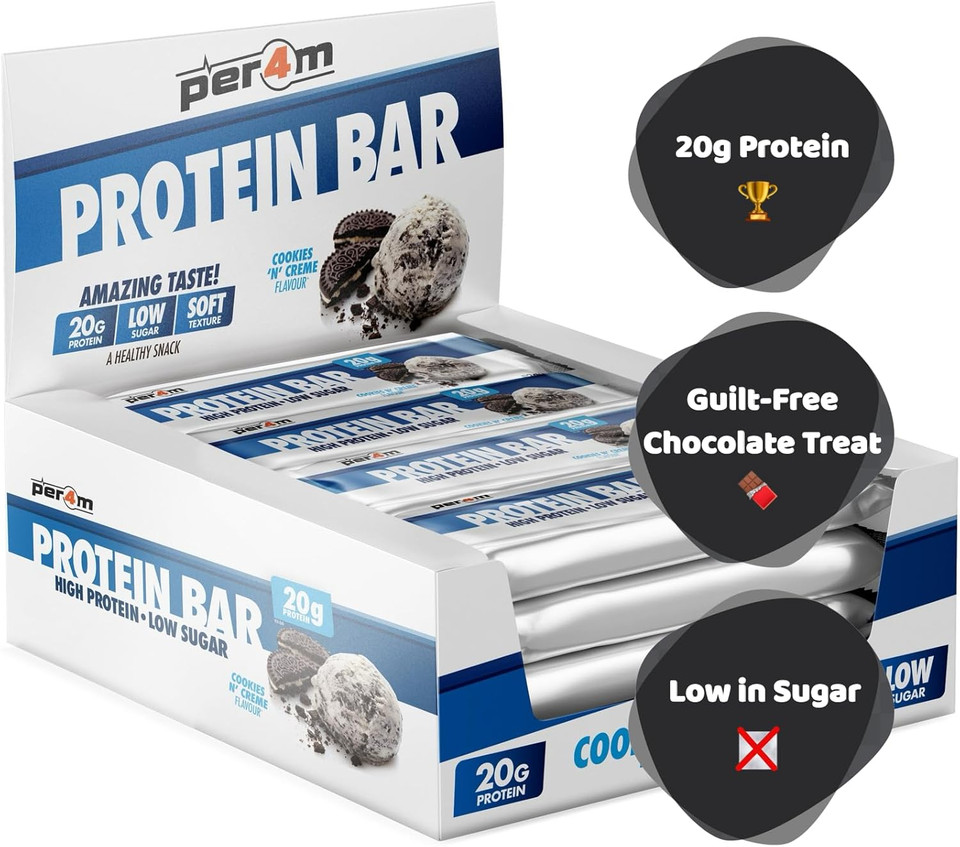 Per4m On-the-Go Protein Bar | High Protein, Low Sugar Bar with 20g Protein | Nutritional & Healthy Gym Snack Bar | Box of 12 x 62g (Box, Cookies N Creme)